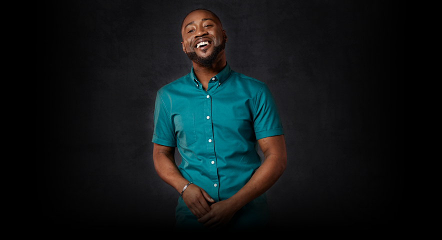 Photo of Cory, who lives with sickle cell, discussing sickle cell care