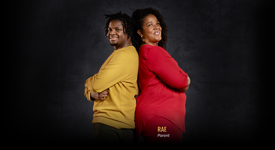 Photo of Trey, living with sickle cell, and Rae, his parent